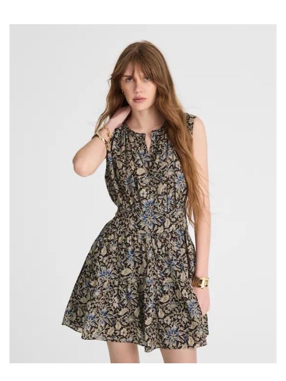 Madewell Black Floral Sleeveless Mini Dress with Blue Accents